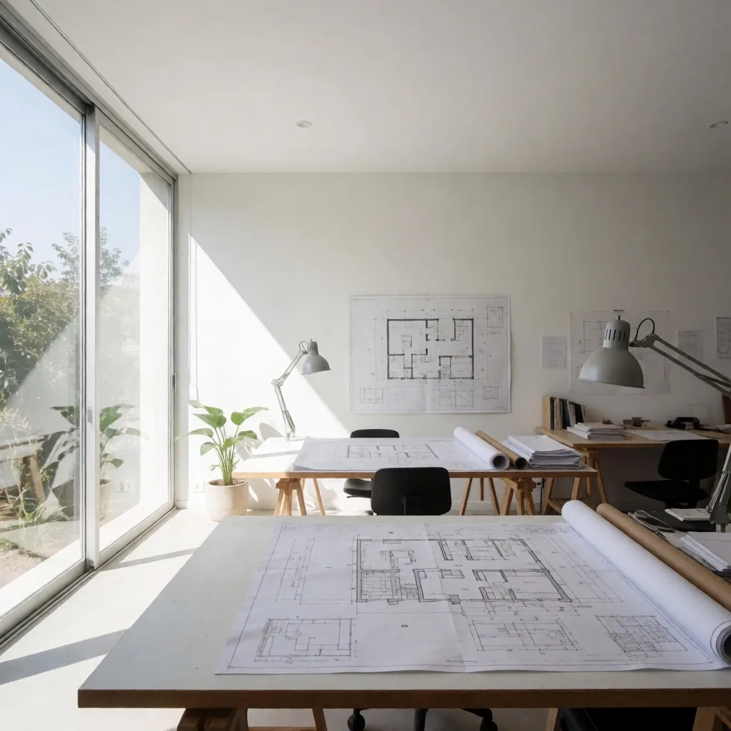 Estudio de arquitectura con planos sobre mesa de trabajo