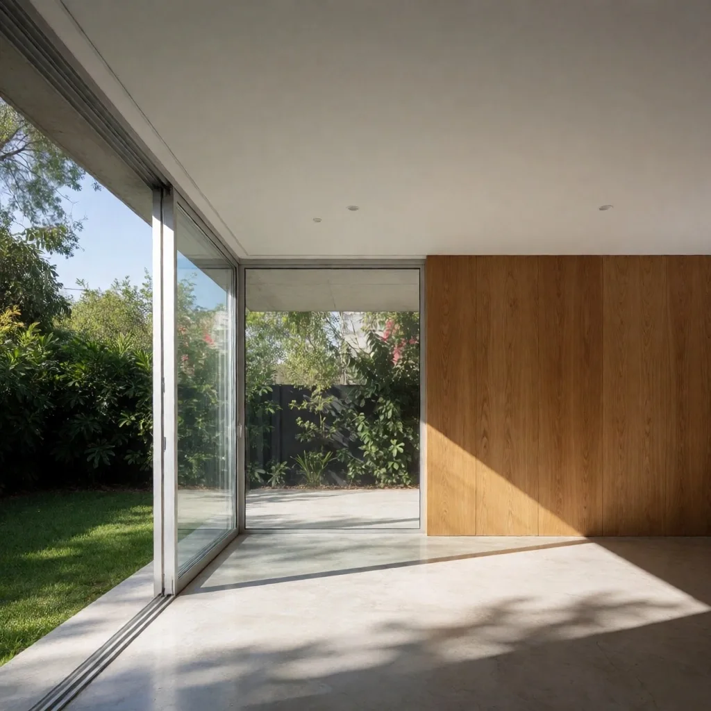 Interior residencial moderno con luz natural y texturas cálidas