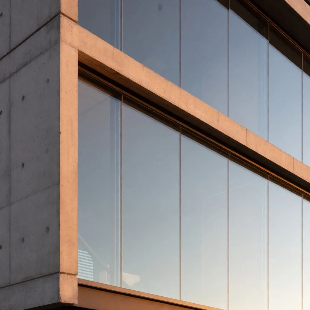 Exterior de residencia con fachada de hormigón y vidrio bajo luz de tarde