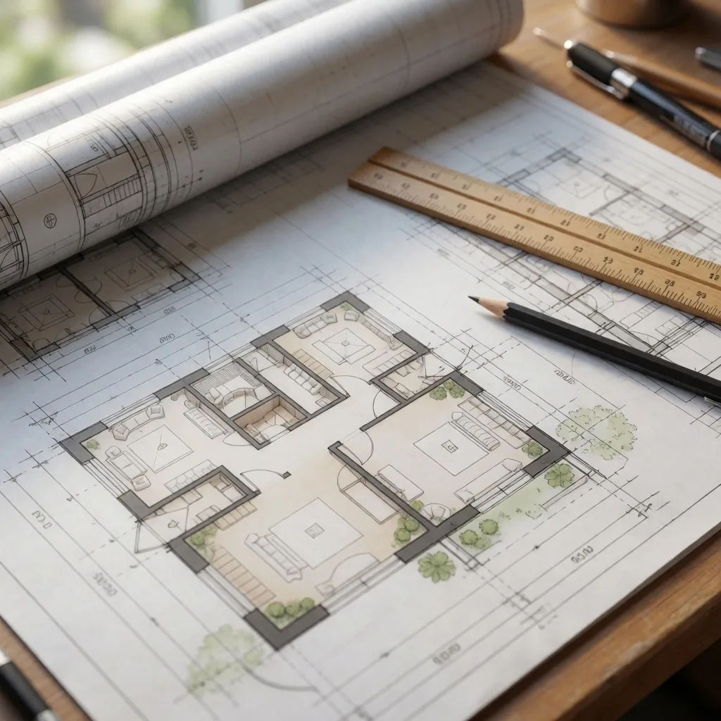 Mesa de dibujo técnico con planos arquitectónicos residenciales