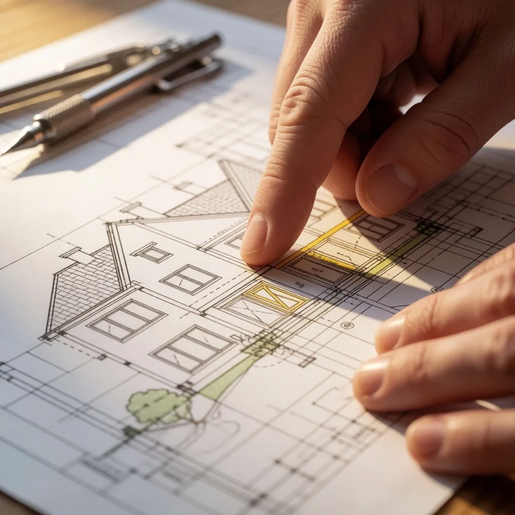 Manos revisando planos de construcción residencial en un escritorio