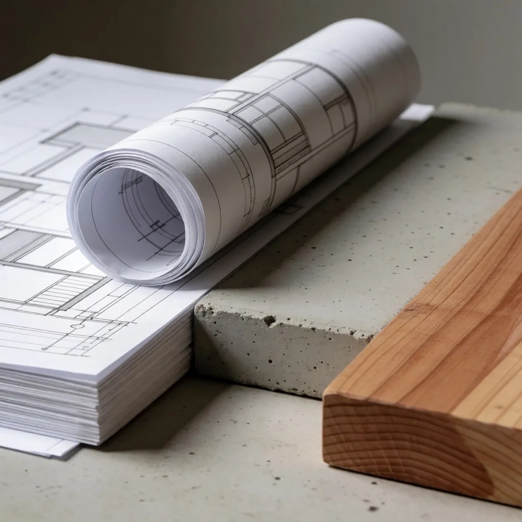 Mesa de trabajo de estudio de arquitectura con planos y herramientas de medición