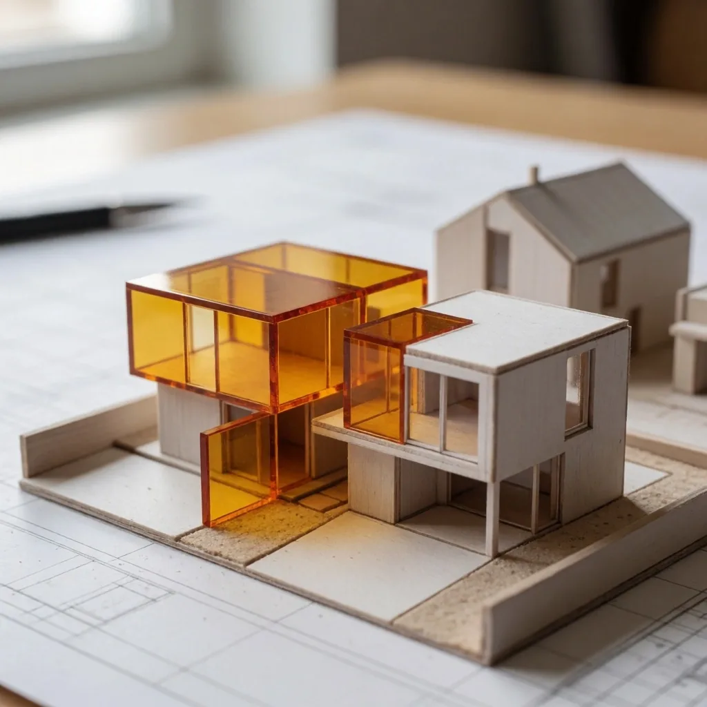 Modelo arquitectónico residencial con elementos de acrílico color ámbar sobre una superficie de trabajo