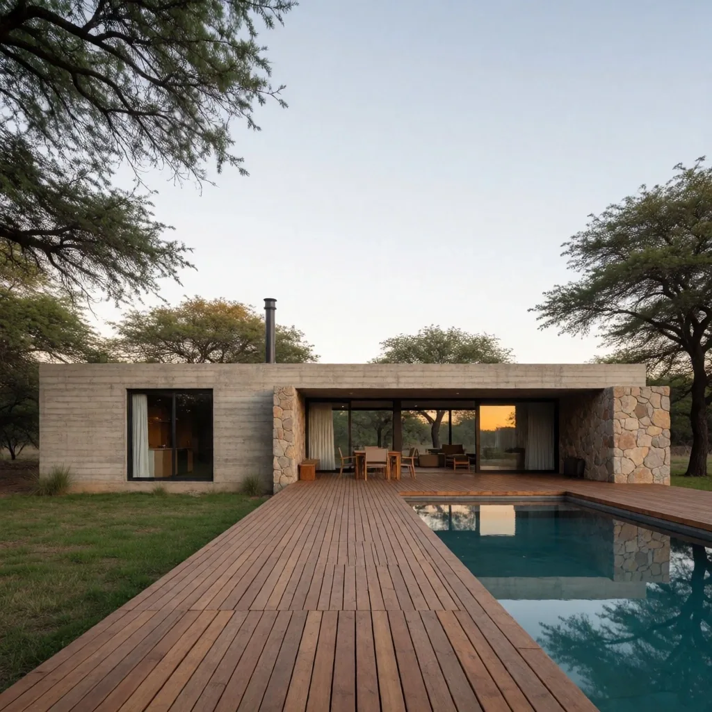 Casa de fin de semana con materiales nobles y piscina integrada
