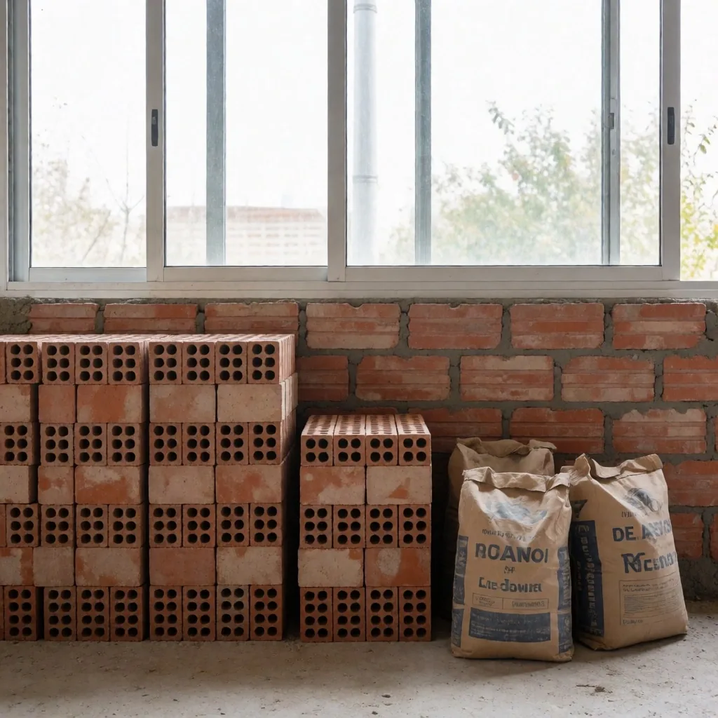 Etapa de albañilería con materiales ordenados en obra
