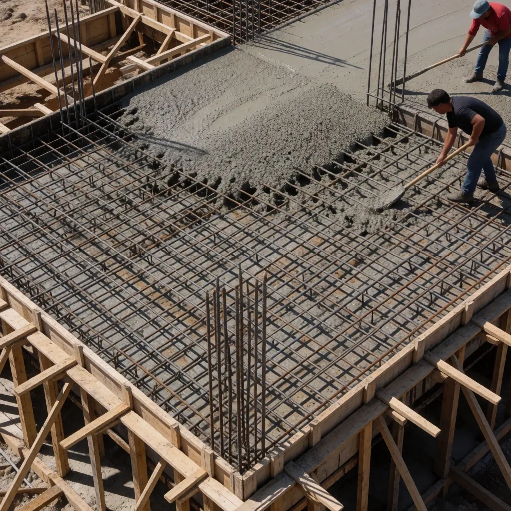 Llenado de losa en obra con encofrado y hierros