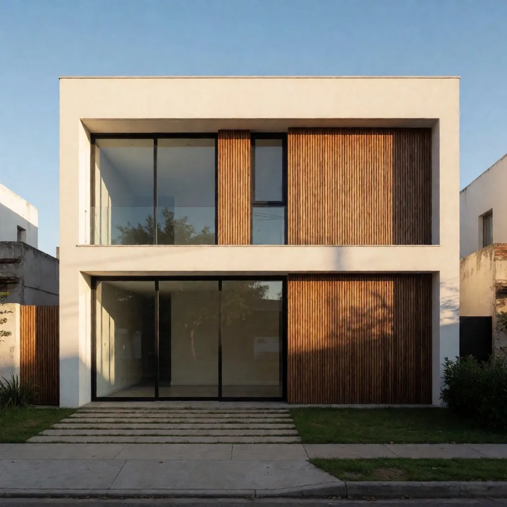 Vivienda residencial contemporánea en Argentina con acabados blancos y madera