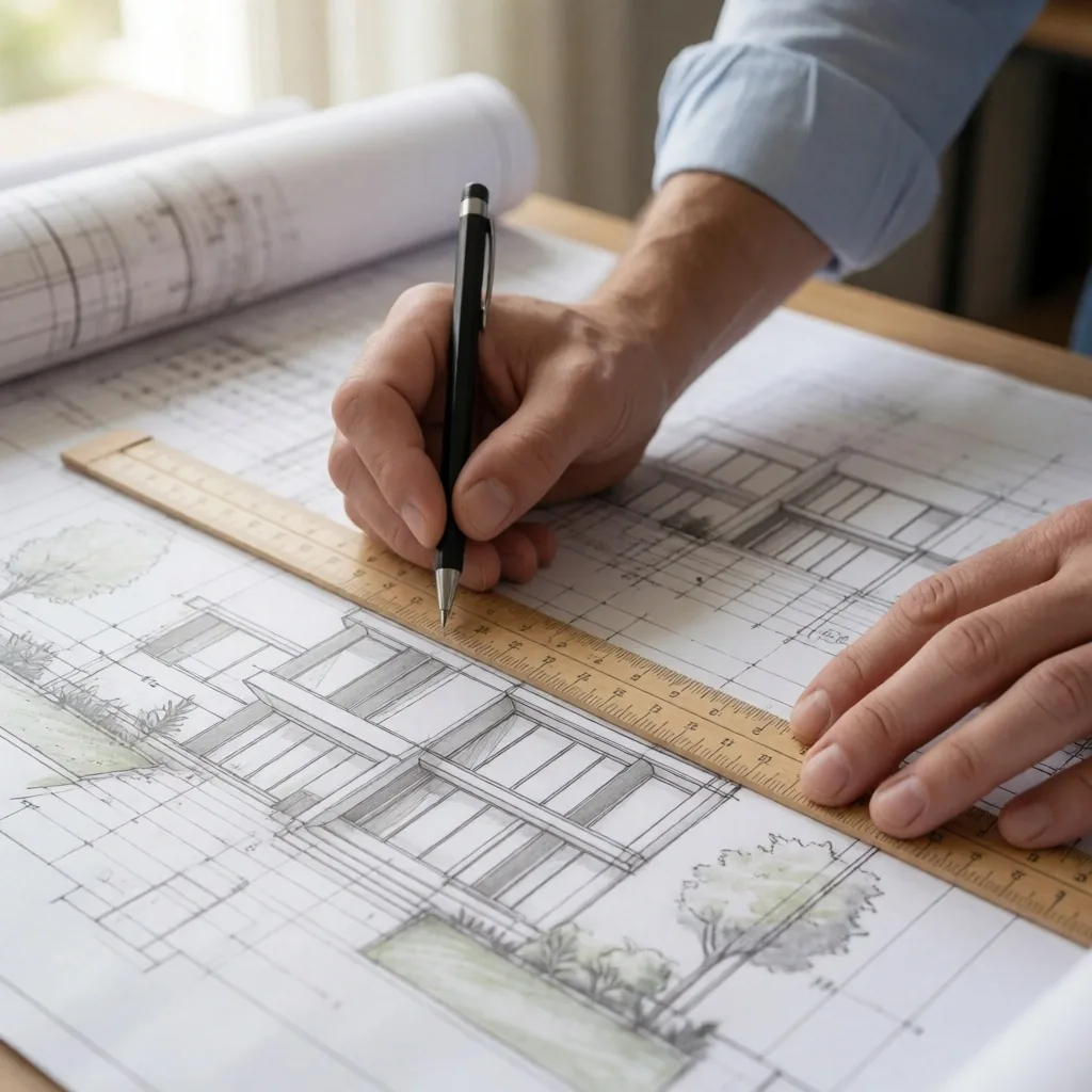 Mesa de dibujo técnico con planos de vivienda